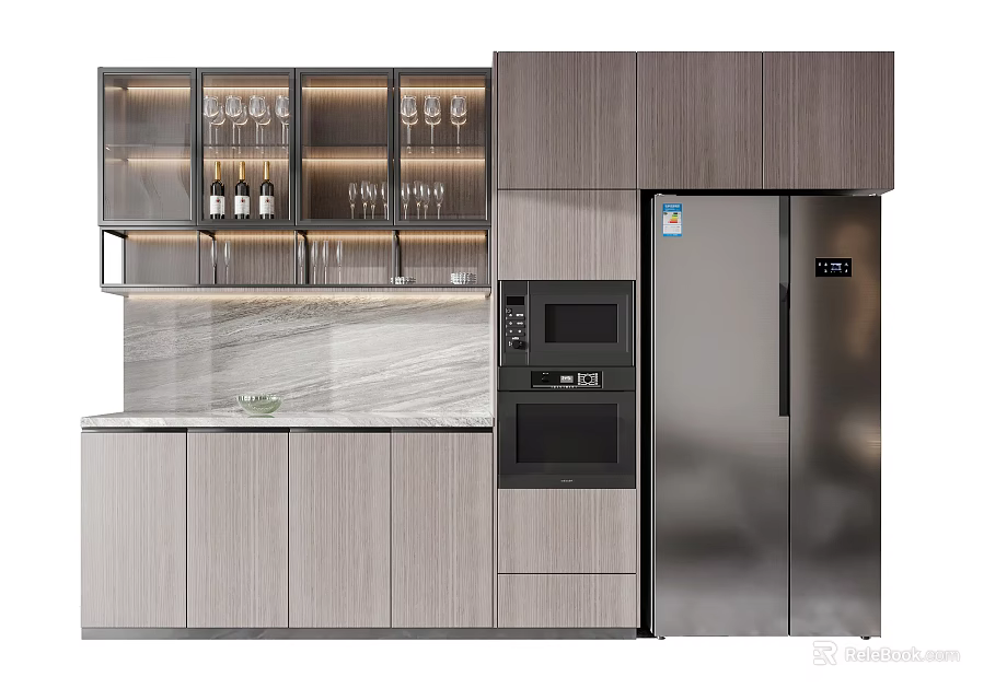 Modern Kitchen Cabinets With Refrigerator Microwave Wine Glass Rack And Marble Countertop 3d model 