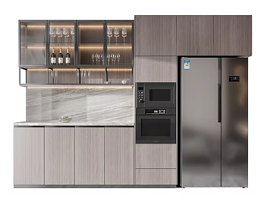 Modern Kitchen Cabinets With Refrigerator Microwave Wine Glass Rack And Marble Countertop 3d model