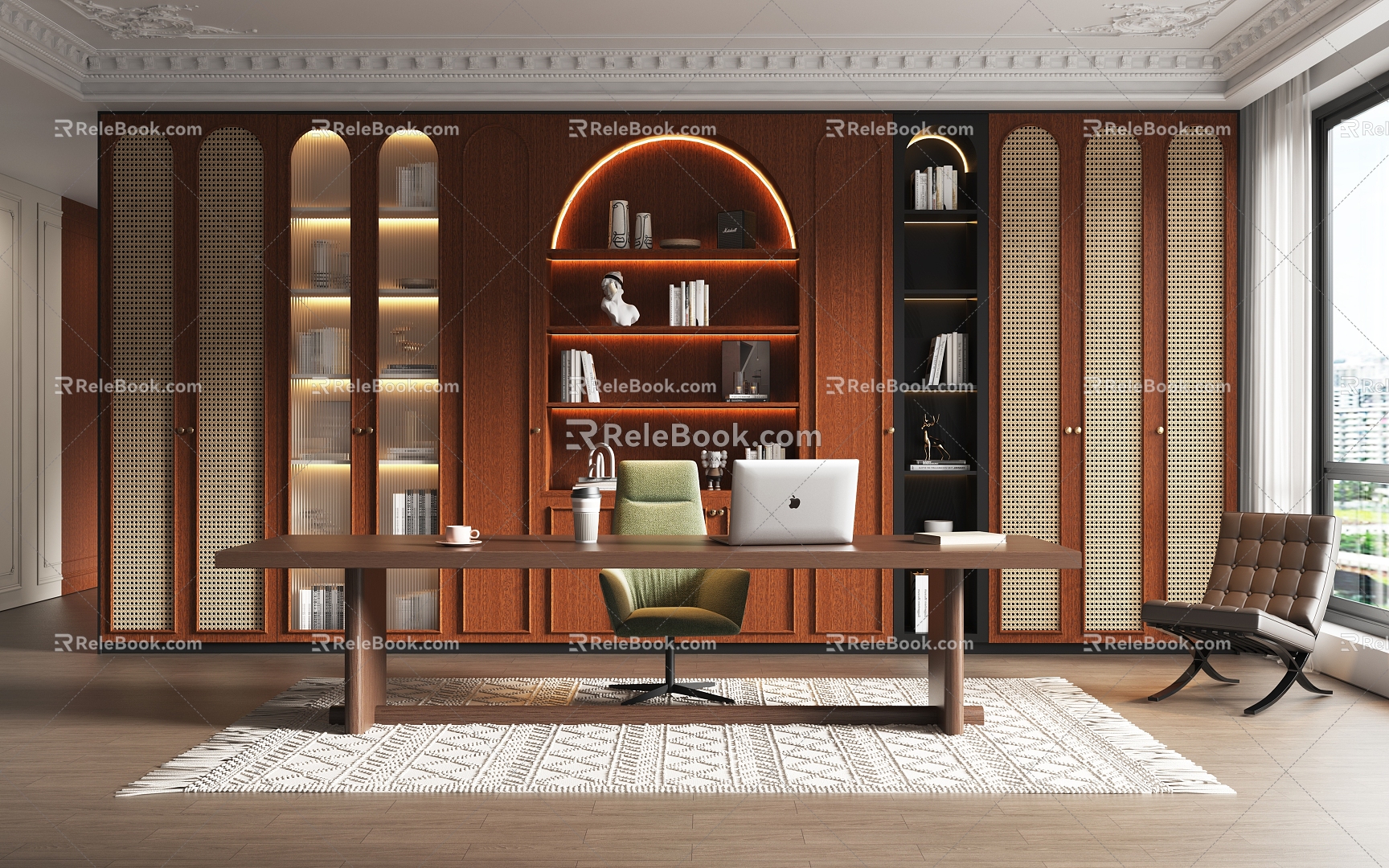 French Vintage Study French Study Study Study Bookcase Desk Rattan Bookcase Rattan Cabinet Door 3d model