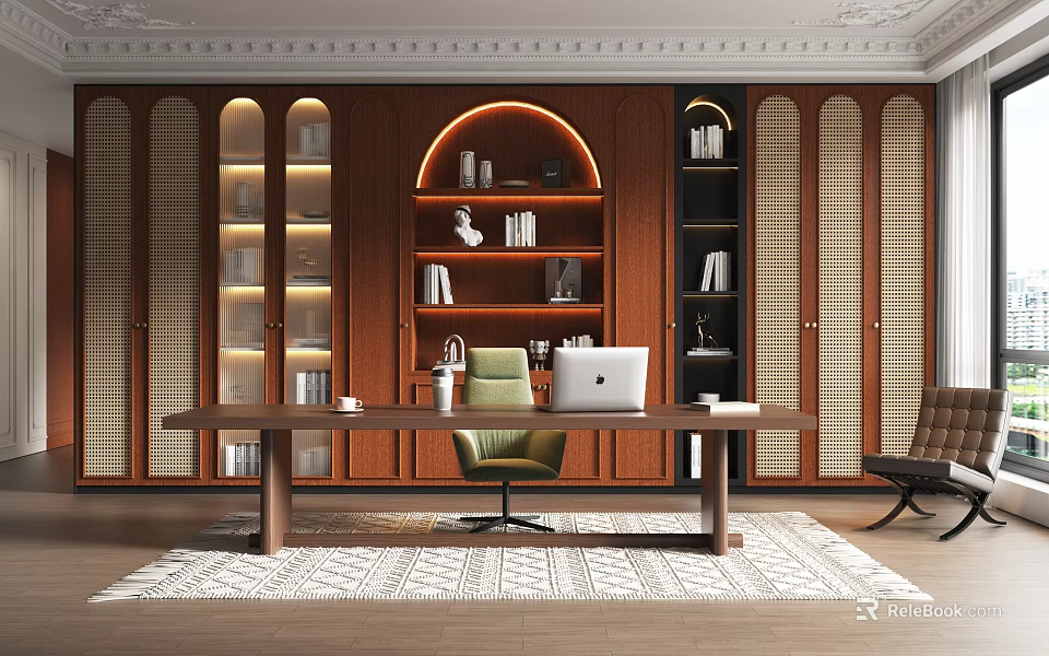 Modern Study Room Interior Design with Wooden Bookshelves Books Laptop Green Chair and Rug 3d model 