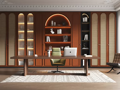 Modern Study Room Interior Design with Wooden Bookshelves Books Laptop Green Chair and Rug 3d model