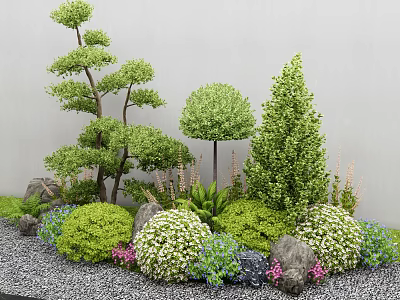 Lush Shrubs In Decorative Garden Landscape With Rocks Gravel And Various Green Plants 3d model