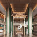Modern Luxurious Hotel Lobby With Green Pillars Golden Sculptural Chandelier Spiral Staircase And Marble Decor