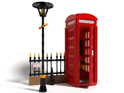 Detailed Building Blocks Scene Featuring Red Telephone Booth Street Lamp and Fence 3d model