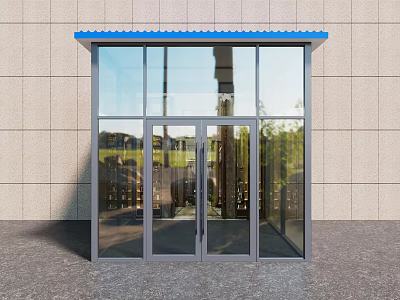 Modern Glass Double Doors With Gray Frame and Blue Canopy Against Light Wall 3d model