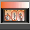 Elegant Copper Window Display With Curved Elements Silhouette Figures And Glass Lighting