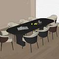 Modern Living Room With Oval Black Table And White Brown Chairs Set On Wooden Floor