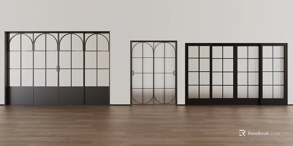 Modern Black Frame Glass Sliding Doors With Arched And Square Panels Interior Design 3d model 