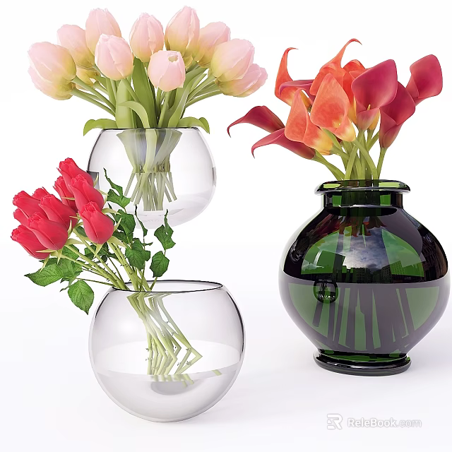 Glass and Ceramic Vases with Pink Tulips Red Roses and Orange Calla Lilies 3d model 