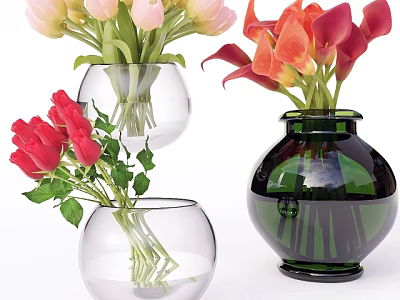 Glass and Ceramic Vases with Pink Tulips Red Roses and Orange Calla Lilies 3d model