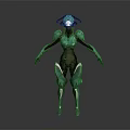 Game Movie Character With Green Armor Black Accents And Futuristic Horned Head Design