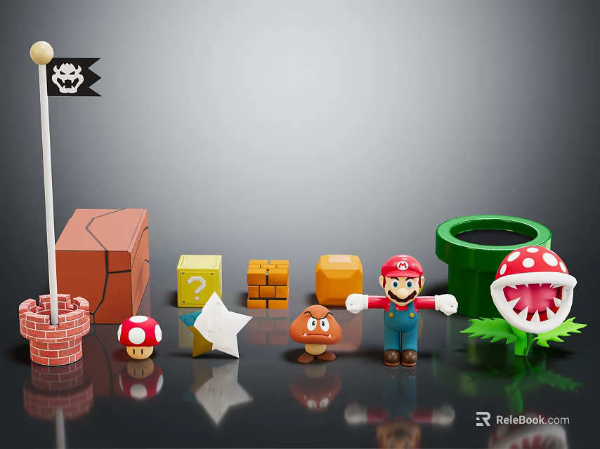 Mario Themed Decorative Ornament Set with Character Figurine Brick Blocks Star Mushroom Piranha Plant Flag 3d model 