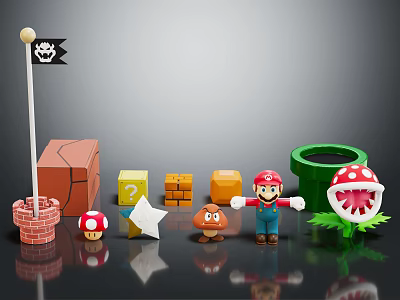 Mario Themed Decorative Ornament Set with Character Figurine Brick Blocks Star Mushroom Piranha Plant Flag 3d model
