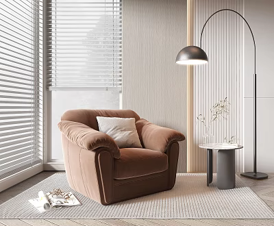 Modern Brown Single Sofa In Cozy Interior With Side Table Floor Lamp And Window Blinds 3d model