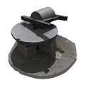 Rustic Stone Garden Ornament Featuring Circular Millstone Plate And Wooden Handle