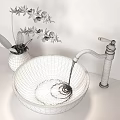 Marble Wash Basin With Red Maple Pattern Gold Faucet And Green Orchids On Mosaic Wall