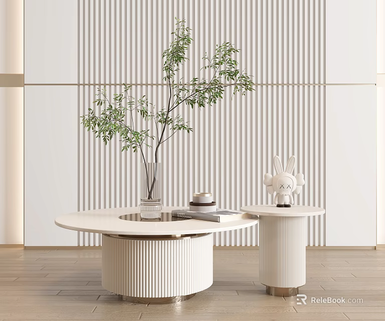 Modern Round Coffee Table With Ribbed Base Vase Green Plant Books Decor On Striped Wall 3d model 