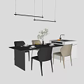 Modern Black Wooden Dining Table Set With Beige And Black Chairs Green Plant And Tableware