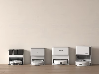 Different Models Of Robot Vacuum Cleaners Arranged Against Wall On Wooden Floor 3d model