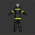 Black Firefighter Uniform With Yellow Reflective Stripes And Protective Helmet