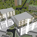 Modern Multi storey Building Exterior Featuring Glass Facade White Structure Pedestrian Bridge And Greenery