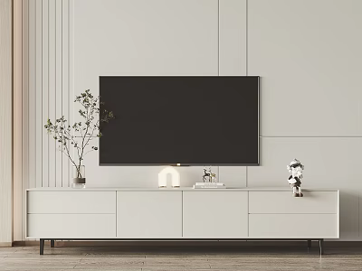 White TV Stand Featuring Black TV Decorative Vase Table Lamp and Figurine on Wooden Floor 3d model