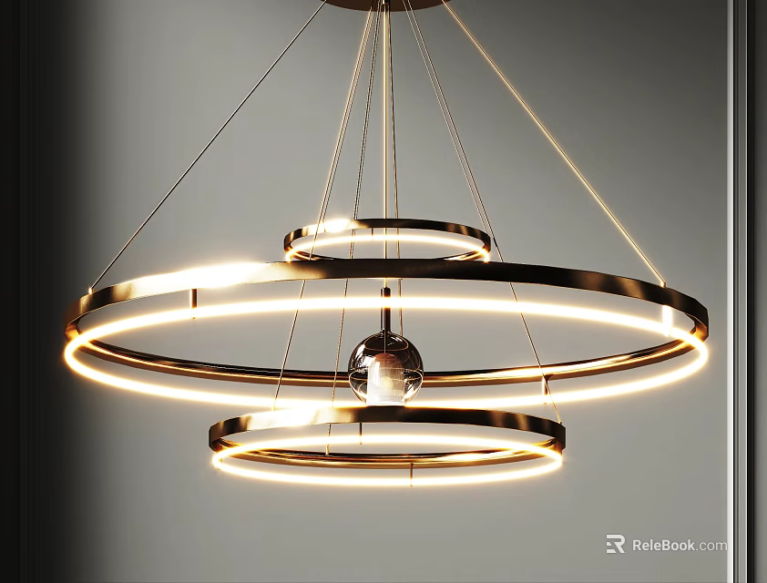 Modern Circular Chandelier With Illuminated Rings Metal Frame And Central Sphere 3d model 