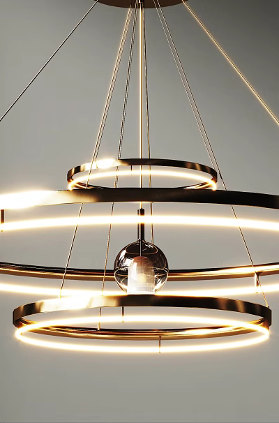 Modern Circular Chandelier With Illuminated Rings Metal Frame And Central Sphere 3d model