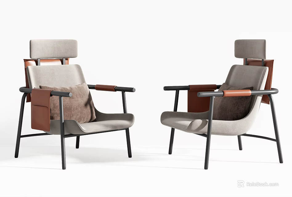 Modern Leisure Chairs With Light Gray Fabric And Brown Leather Accent Arms Black Metal Frame 3d model 