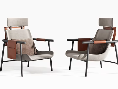 Modern Leisure Chairs With Light Gray Fabric And Brown Leather Accent Arms Black Metal Frame 3d model