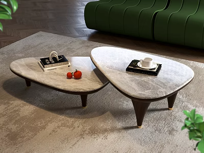 Two Modern Coffee Tables With Marble Tops Dark Legs Featuring Books Cup And Red Fruits 3d model
