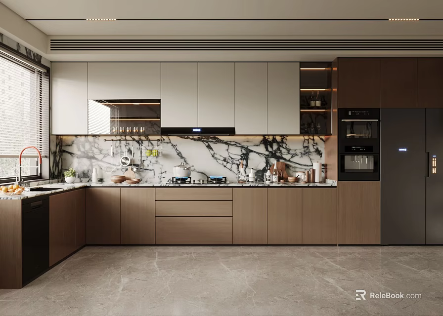 Modern Open Kitchen Interior With Marble Island Counter Cabinets And Appliances 3d model 