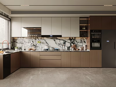 Modern Open Kitchen Interior With Marble Island Counter Cabinets And Appliances 3d model