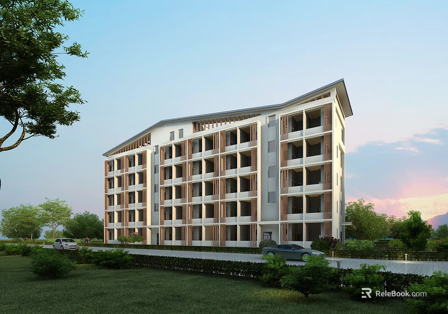 Modern Multi Storey School Building With Green Lawns Trees And Road View 3d model 