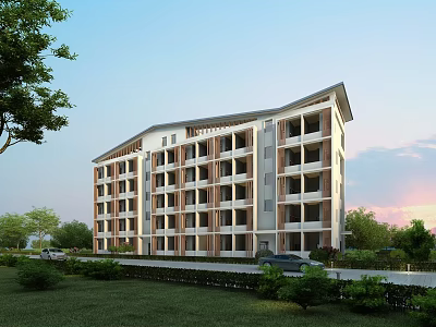 Modern Multi Storey School Building With Green Lawns Trees And Road View 3d model