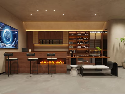 Modern Break Room Interior With Bar Counter Seating Wine Racks And TV Screen 3d model