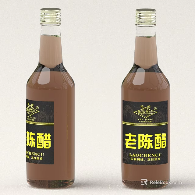 Traditional Chinese Laochencu Vinegar In Two Glass Bottles With Brown Liquid 3d model 