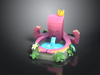 Cute Pink Octopus Shaped Fountain With Crown Green Leaves And White Flowers Water Flowing Design 3d model