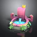 Cute Pink Octopus Shaped Fountain With Crown Green Leaves And White Flowers Water Flowing Design