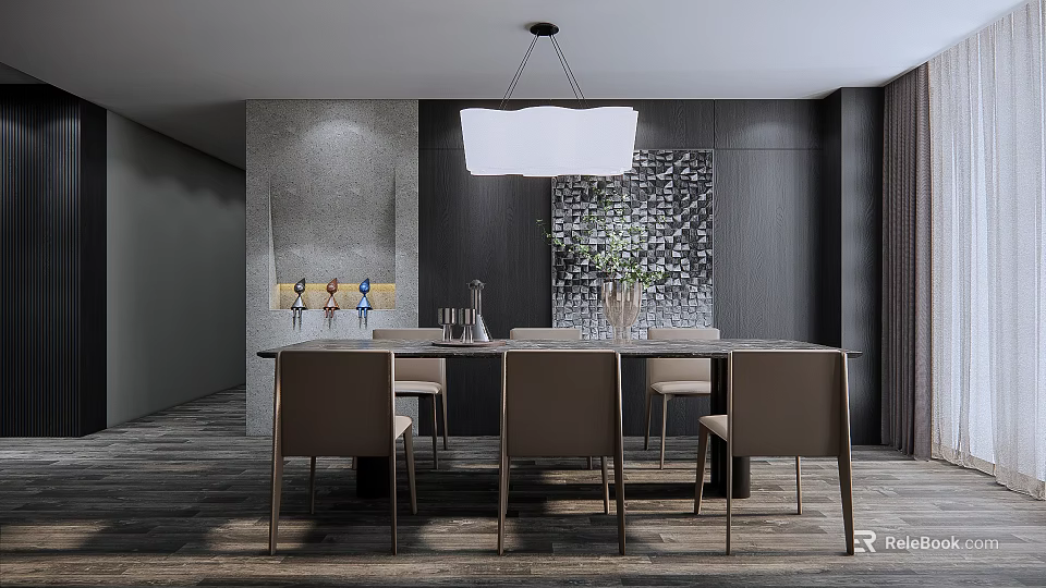 Modern Restaurant Interior Design With Dining Table Chairs Pendant Light And Wall Art 3d model