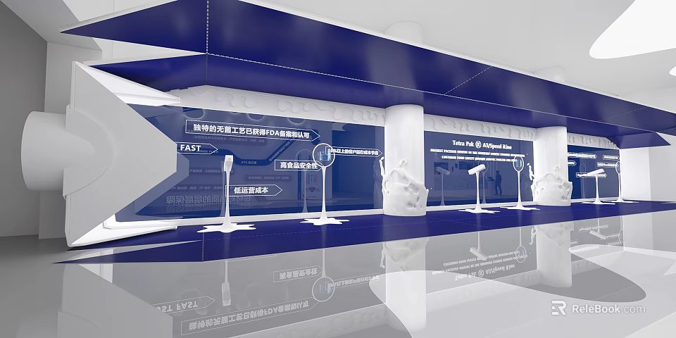Modern Exhibition Hall Interior With Blue White Design Display Booths And Screens 3d model 