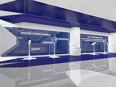Modern Exhibition Hall Interior With Blue White Design Display Booths And Screens 3d model