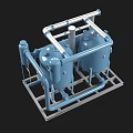 Industrial Equipment Featuring Blue Storage Tanks With Pipes And Metal Frames On Black Background