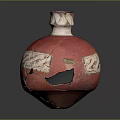 Sculpture Carving of Red Pottery Jar With White Decorative Patterns Handle And Cracks