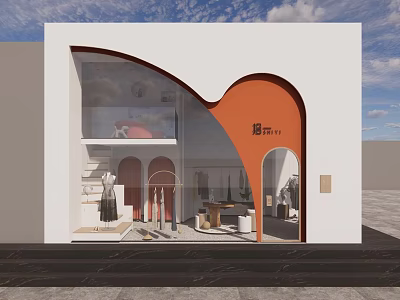 Stylish Clothing Store Interior With White Building Orange Curved Archway Staircase And Mannequins 3d model