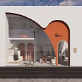 Stylish Clothing Store Interior With White Building Orange Curved Archway Staircase And Mannequins