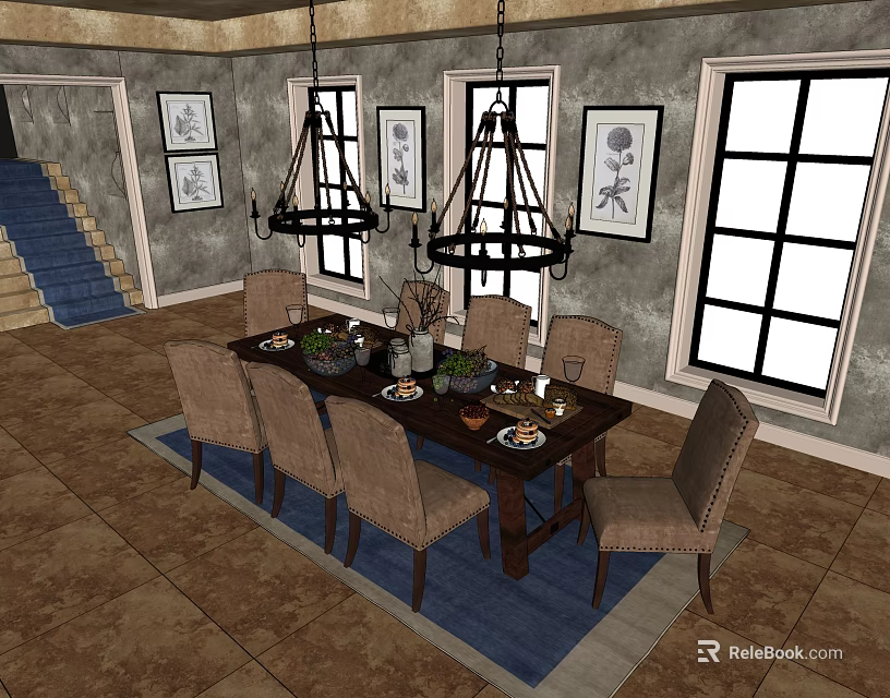Elegant Dining Table Set With Chairs Decorations Chandeliers Blue Rug And Wall Art 3d model 