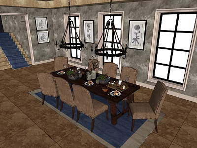 Elegant Dining Table Set With Chairs Decorations Chandeliers Blue Rug And Wall Art 3d model