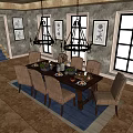 Elegant Dining Table Set With Chairs Decorations Chandeliers Blue Rug And Wall Art