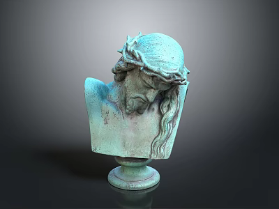 Green Bust Sculpture with Crown of Thorns Long Hair Bowed Head on Circular Pedestal 3d model